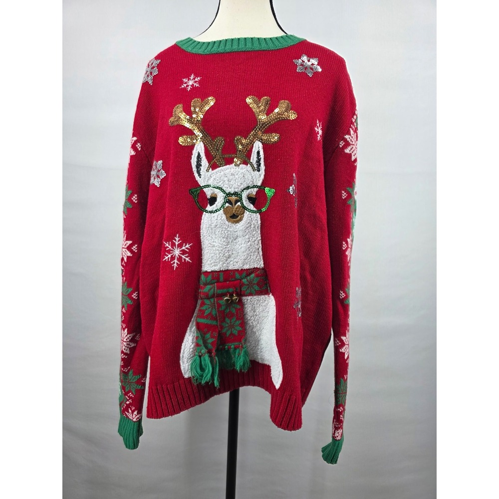 33 Degrees Christmas Llama Reindeer Sweater Red XXL Sequin Bells Fair Isle